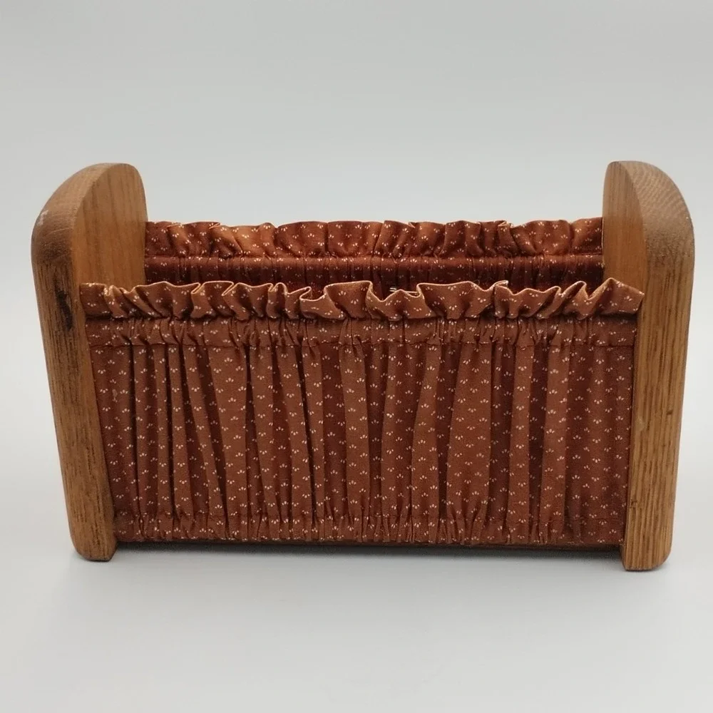 Vintage Wooden Cradle Napkin Holder Letter Sorter Gathered Fabric Cross Stitch‎